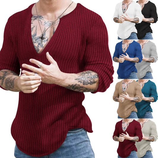 Casual Autumn And Winter Deep V-neck Slim Long Sleeve Solid Color Knit Base For Men