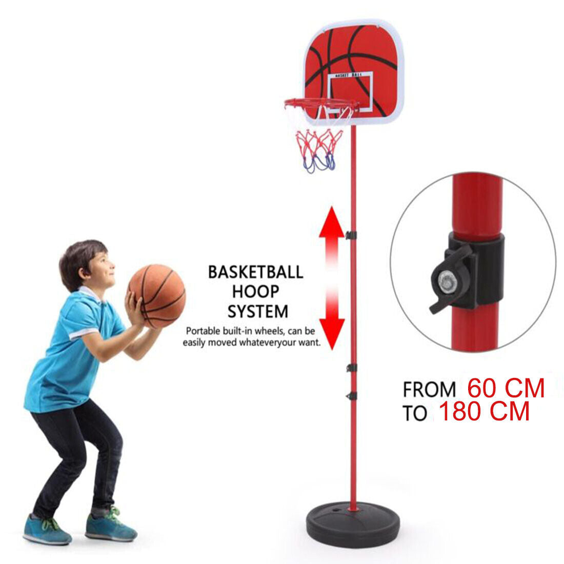 180cm High Free Adjustable Standing Basketball Hoop Net Backboard Stand Set